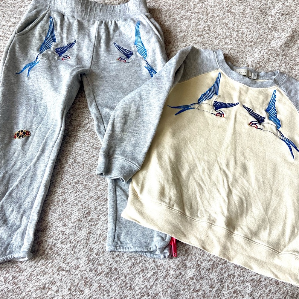 Kids Two-Piece Swallow Embroidered Matching Set in Gray and Cream